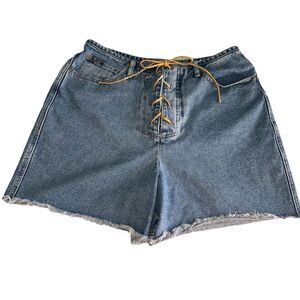 Vintage Revolt Jean Shorts Lace Up Front Size 16 Raw Hem High Waist Rigid Cotton